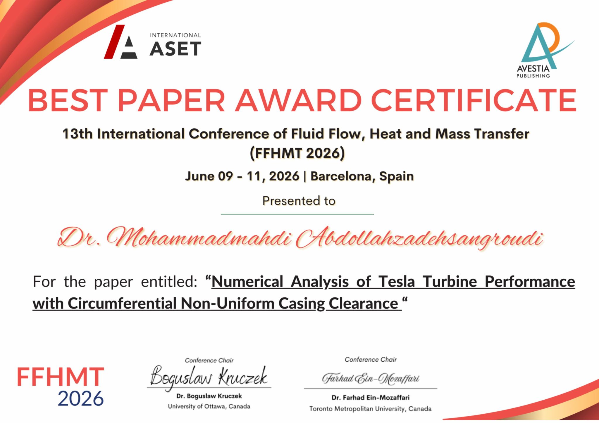 FFHMT 2026 Award Certificate