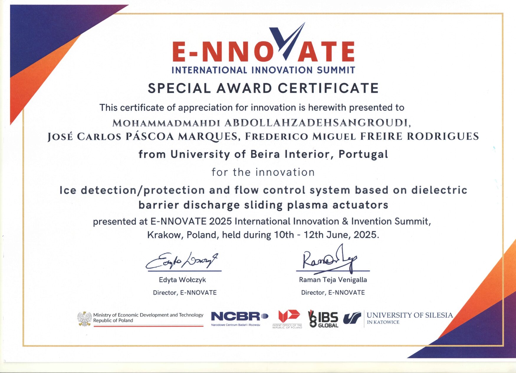 E-NNOVATE 2025 Special Award Certificate