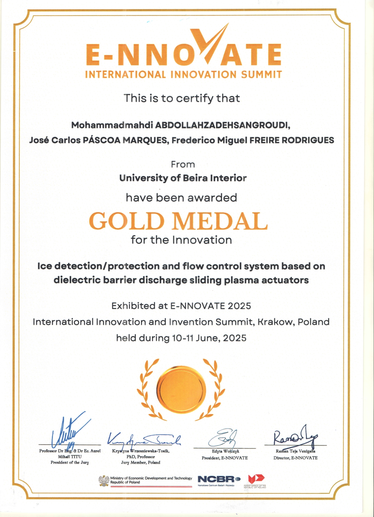 E-NNOVATE 2025 Gold Medal Certificate