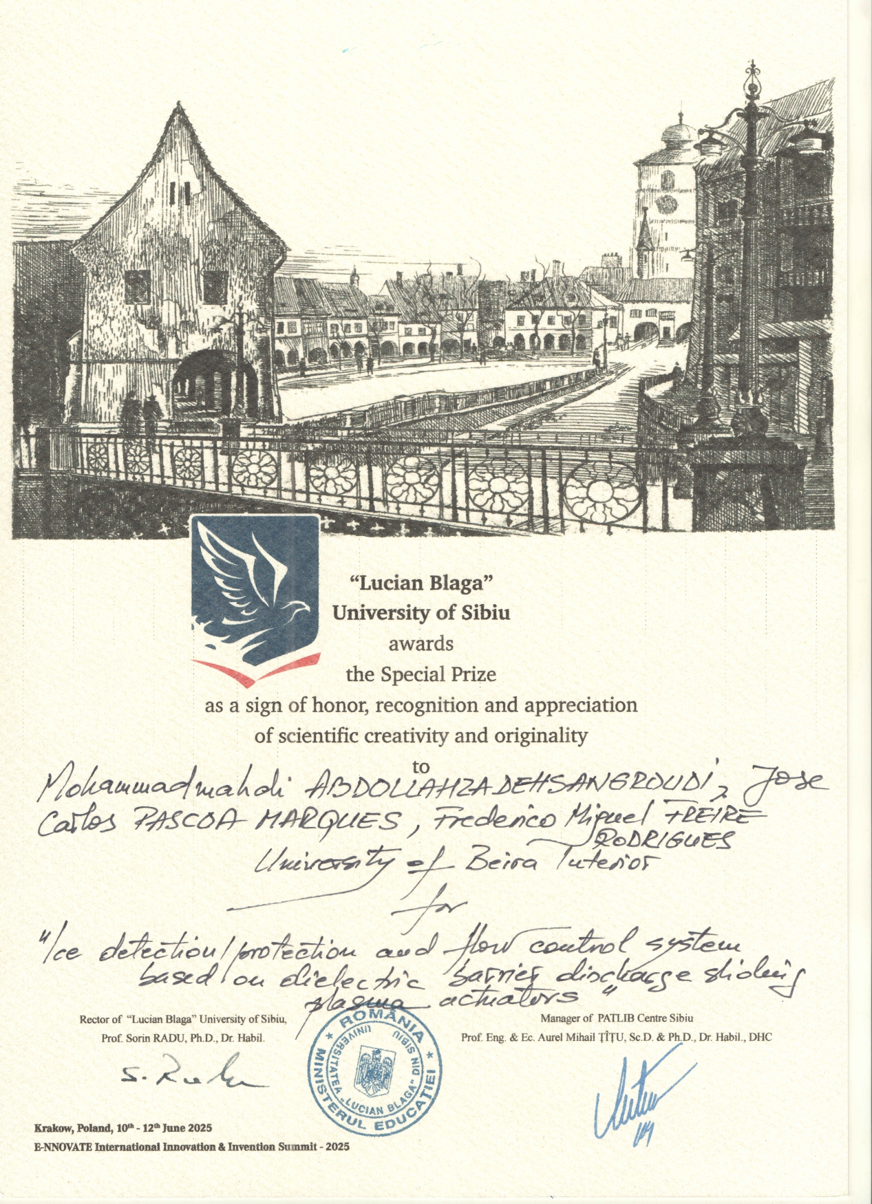 Lucian Blaga University Special Prize Certificate