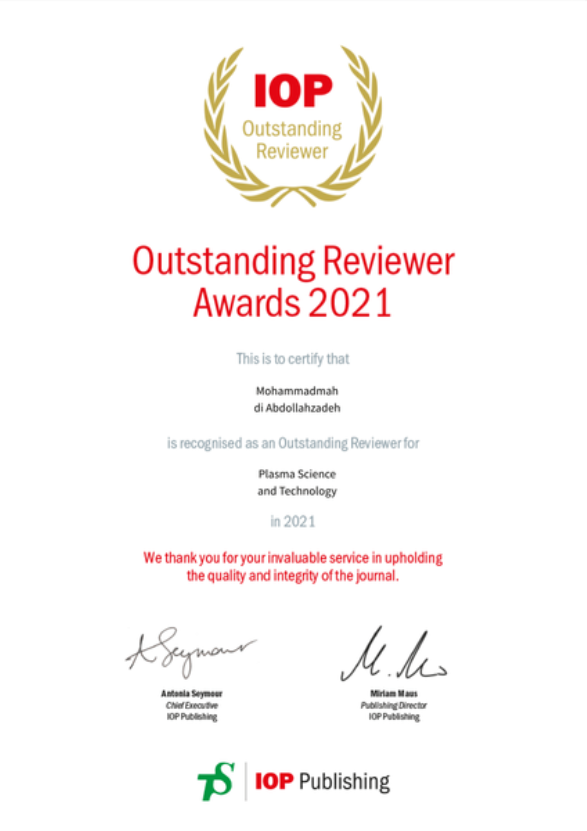 IOP Outstanding Reviewer Award 2021