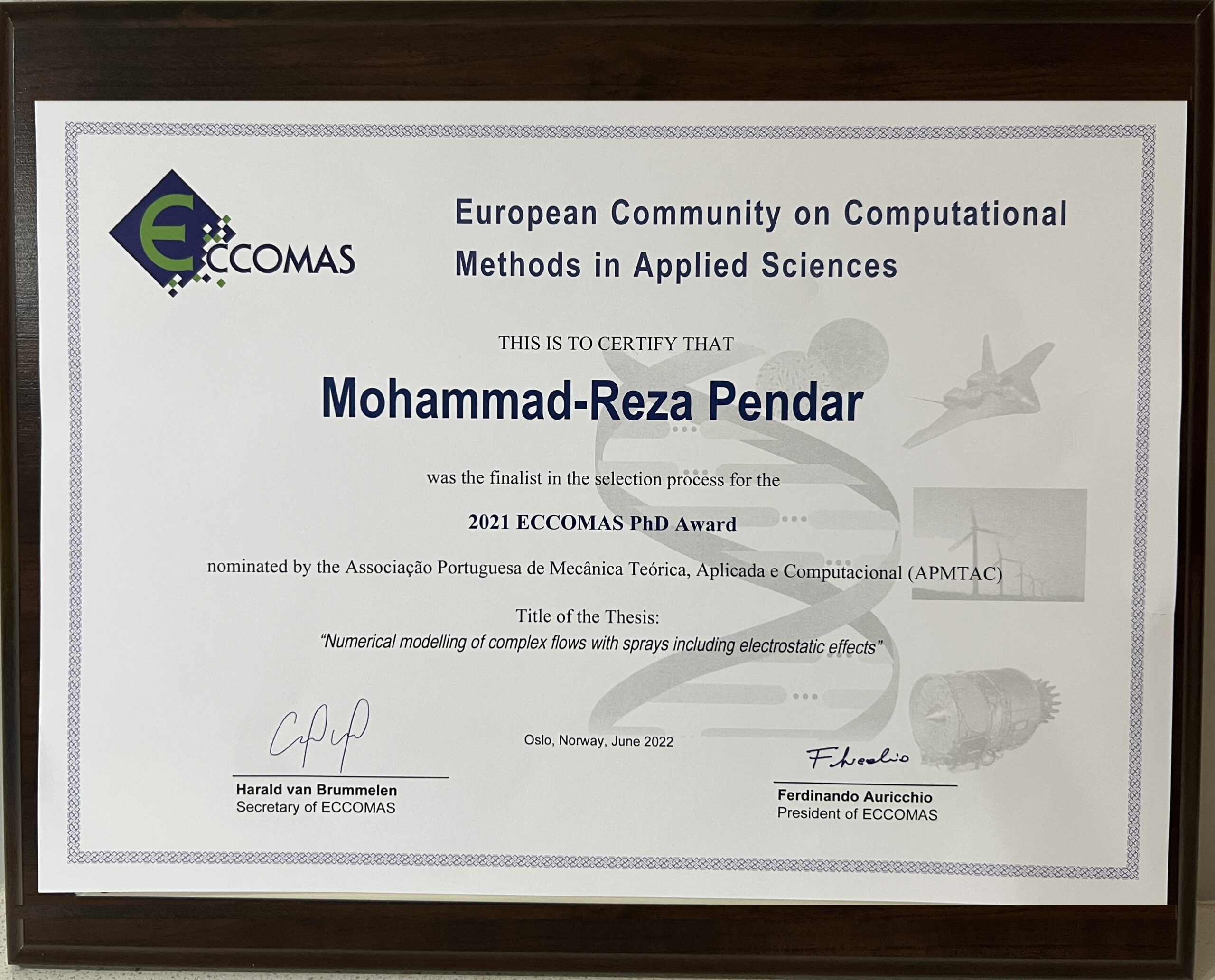 ECCOMAS PhD Award Finalist Certificate Plaque