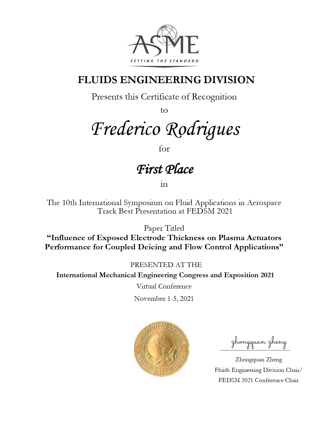 ASME FEDSM 2021 First Place Award Certificate